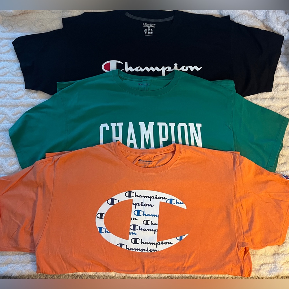 Men’s Champion Tee’s
Qty: 3
Size: XL
Colors: Black, Green, Orange